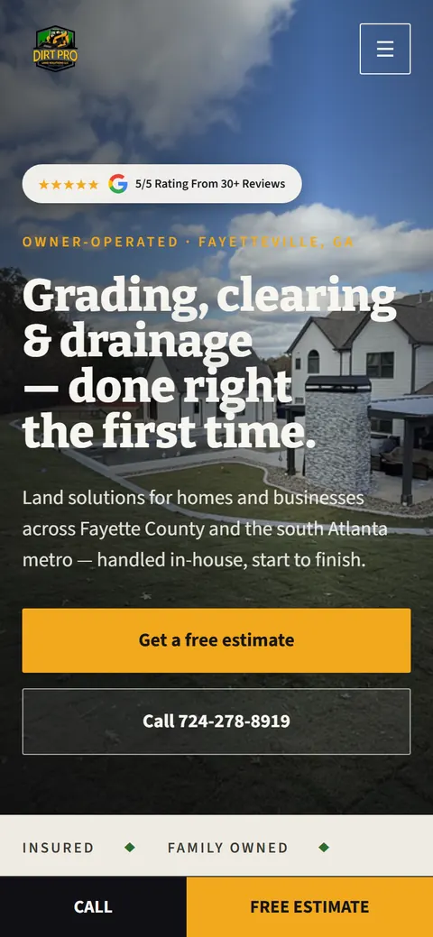 Dirt Pro Land Solutions website on a phone