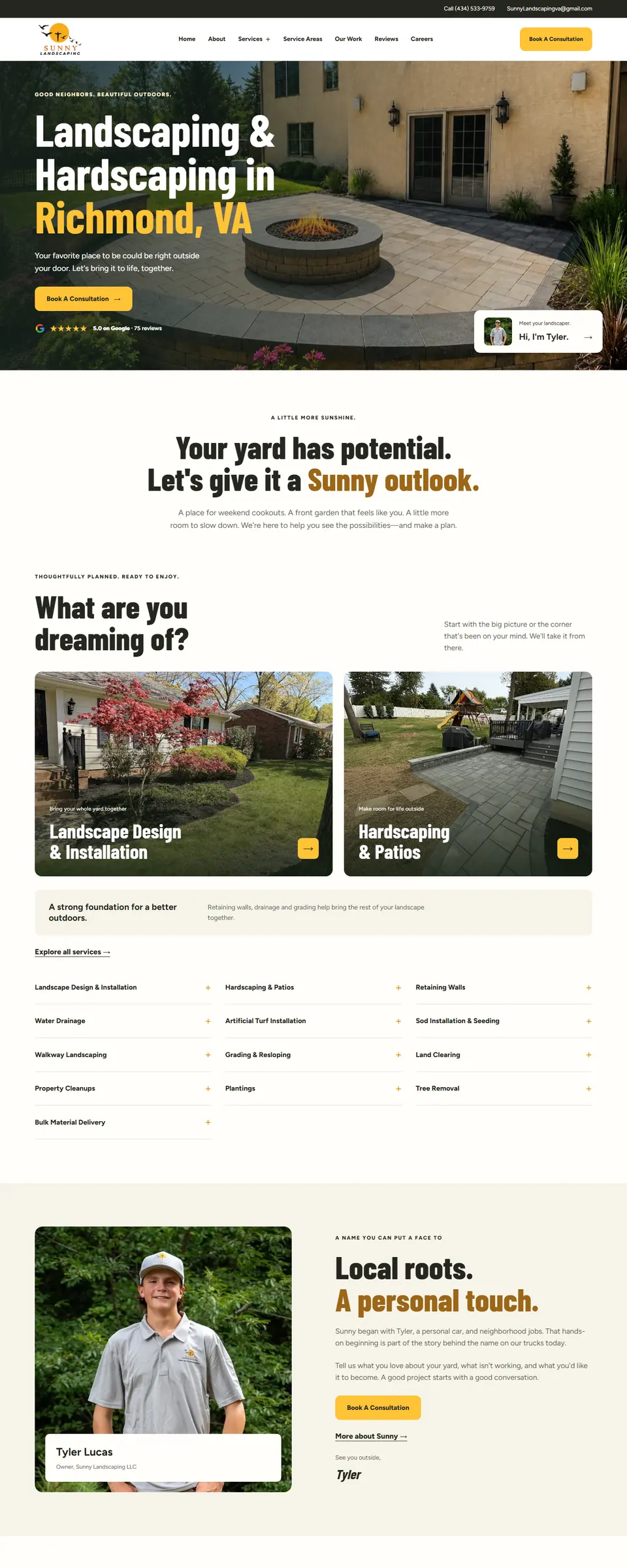 Sunny Landscaping website on a desktop screen, scrolling from the top
